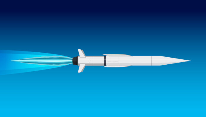 Space rocket flying in the blue sky rendering of hypersonic missile in air